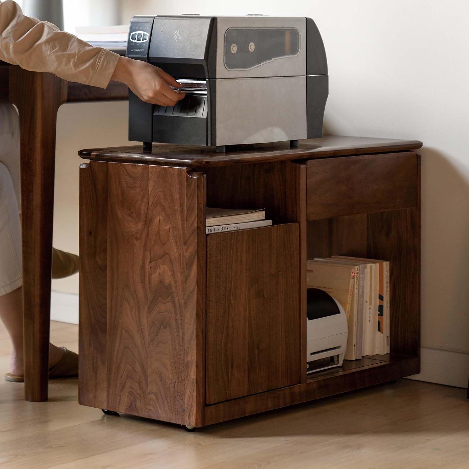 YESWOOD Solid Wood Side Table, Storage Side Table with Wheels, Narrow End Table with Drawer & Door, Rolling Bedside Table for Living Room, Dining Room(15.74" D x 23.62" W x 21.65" H, Walnut)
