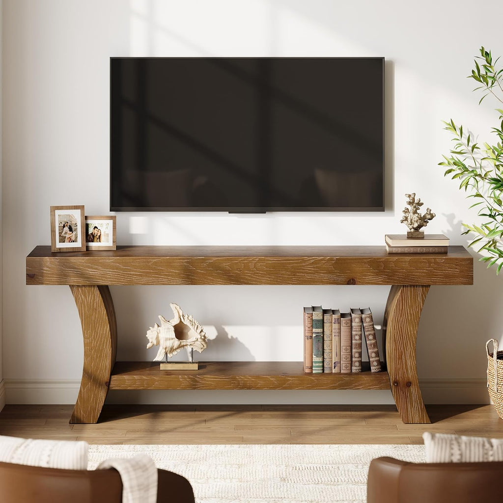 63" Solid Wood TV Stand for 55/60/65/75" TVs, Farmhouse TV Console, Low Entertainment Center with Storage for Living Room, Bedroom (Dark Brown)