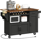 RALGEND Rolling Kitchen Island Cart with Drop Leaf & Power Outlet, Mobile Kitchen Island on Wheels, Island Table with Storage Cabinet, Microwave Shelf & Wine Rack for Kitchen, Black & Rustic Brown