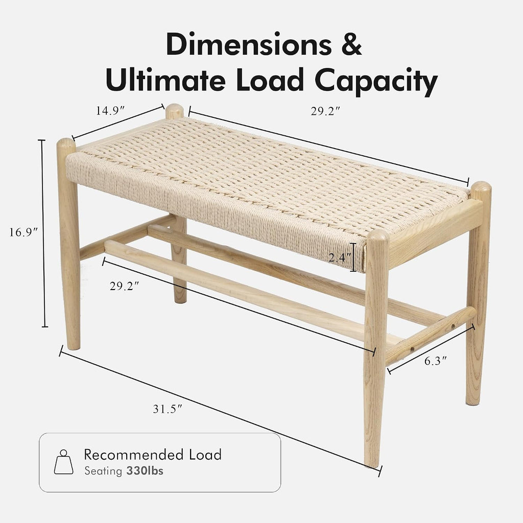 Solid Wood Entryway Bench with Shoe Storage, Rustic Oak Wood and Woven Design 31.5 Inch Long Seating for Living and Dining Rooms,Nature