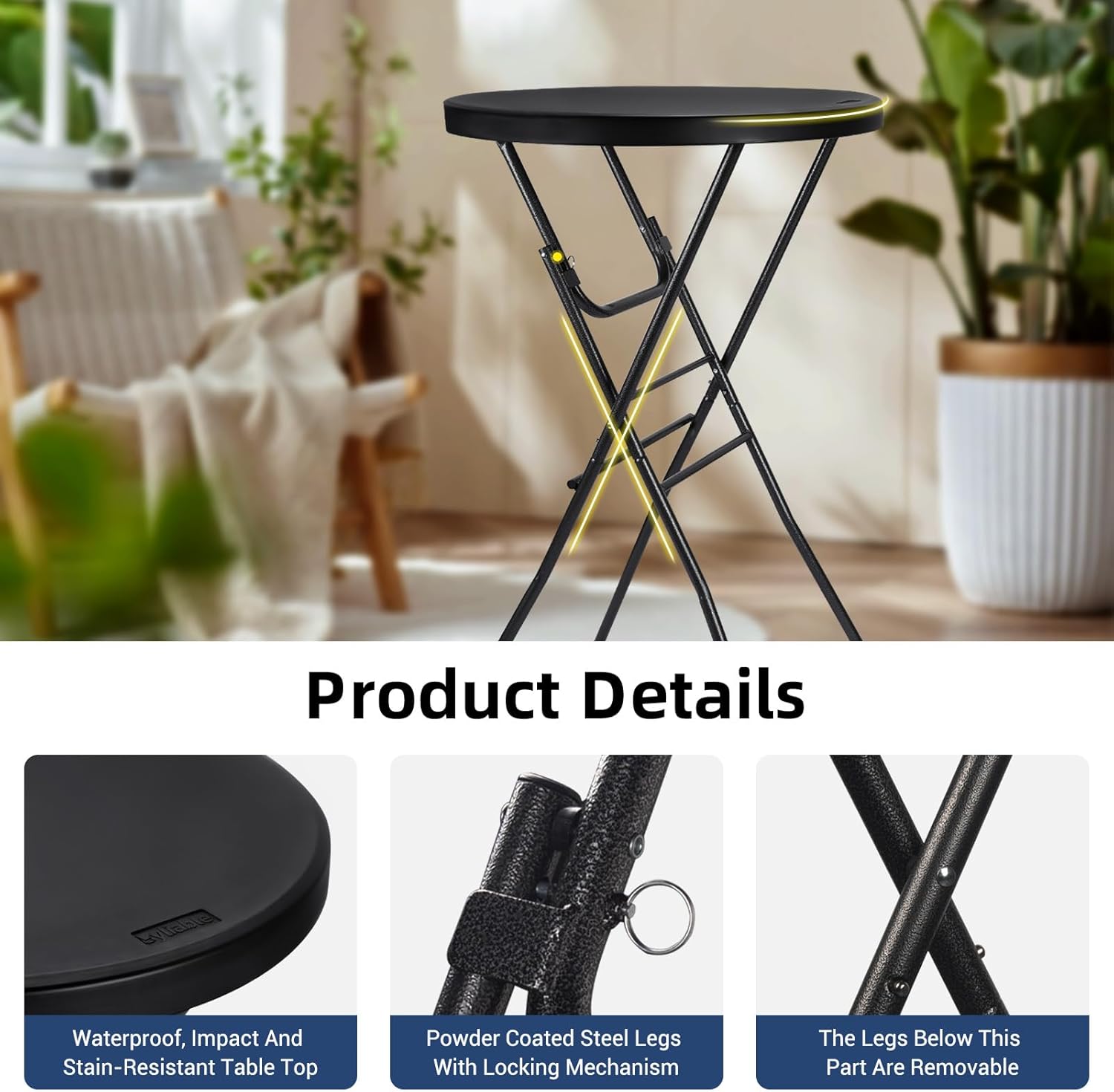 Byliable Cocktail Table 28in High Top Round Folding Indoor Outdoor, Plastic Bar Height Foldable Bistro Tall Table for Party, Patio, Dining Room, Kitchen, Events, Removable Locking Legs, Black