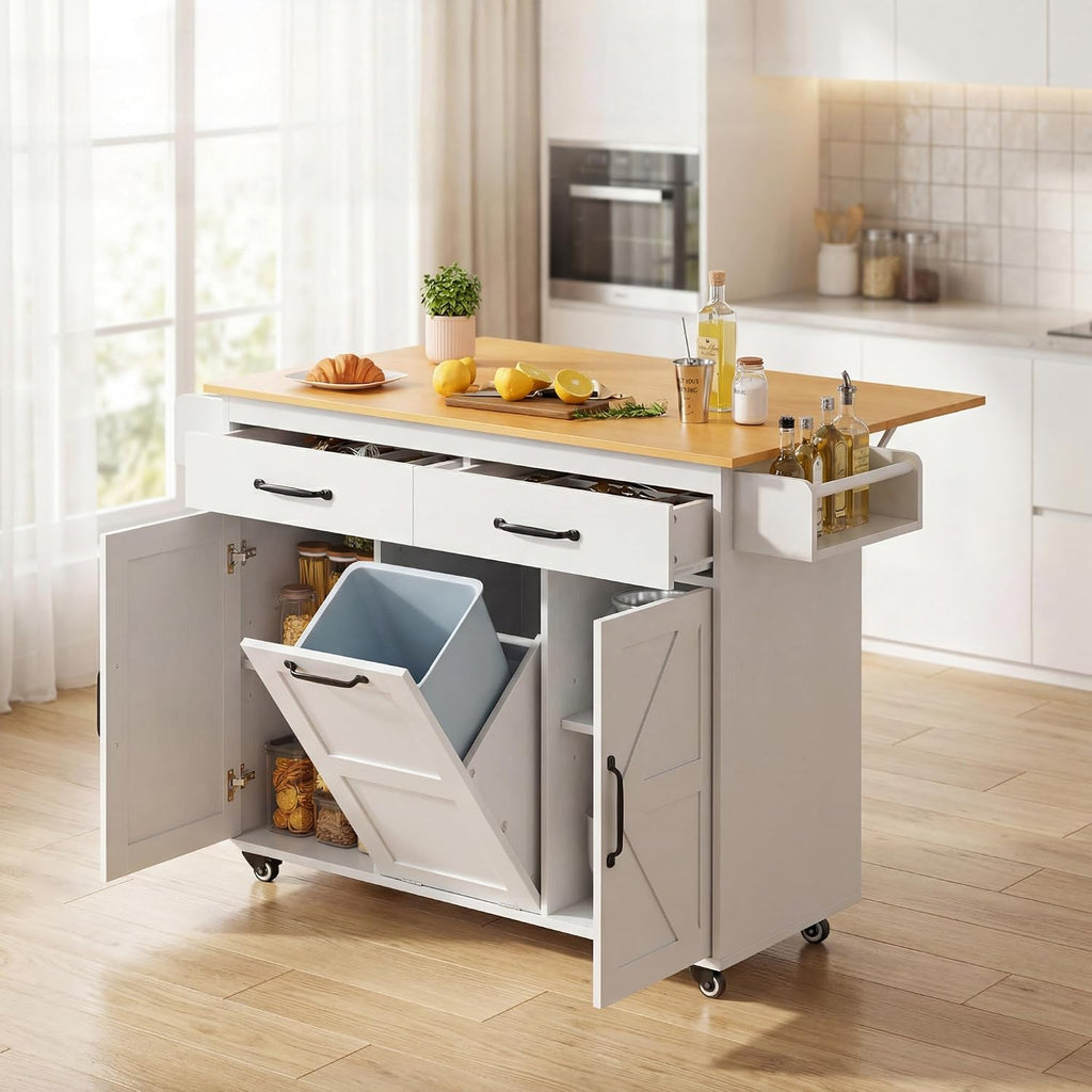 YESHOMY 56" Kitchen Island with Trash Can Storage, Drop Leaf Kitchen Island with Storage, 2 Drawers, 5 Wheels, Spice Rack & Towel Holder, White and Yellow Oak