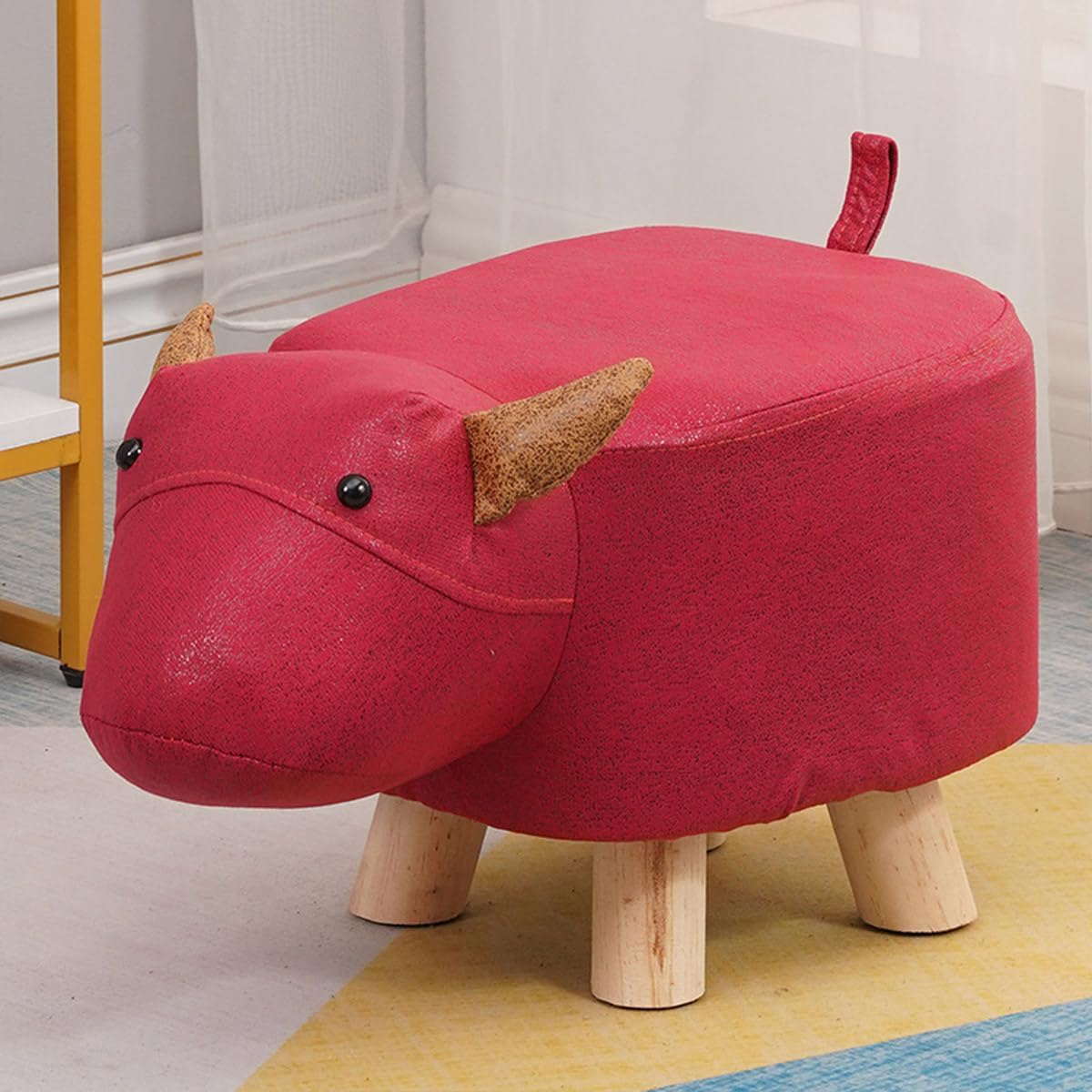 Cute Animal Footstool, Solid Wood Cartoon Stool with Soft Padded Cushion and Non-Slip Feet, Animal Shape Ottoman for Kids, G
