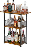 Eyteenokk Freestanding Wine Rack,3-Tier Small Mini Bar Table Liquor Cabinet with T-Shaped Countertop,Rustic Wood Metal Floor Wine Bottle Storage Stand for Home Bar Corner-23.62 x 9.44 x 27.67inches
