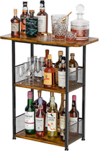 Eyteenokk Freestanding Wine Rack,3-Tier Small Mini Bar Table Liquor Cabinet with T-Shaped Countertop,Rustic Wood Metal Floor Wine Bottle Storage Stand for Home Bar Corner-23.62 x 9.44 x 27.67inches