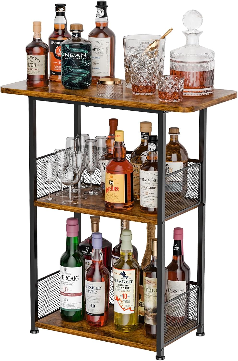 Eyteenokk Freestanding Wine Rack,3-Tier Small Mini Bar Table Liquor Cabinet with T-Shaped Countertop,Rustic Wood Metal Floor Wine Bottle Storage Stand for Home Bar Corner-23.62 x 9.44 x 27.67inches