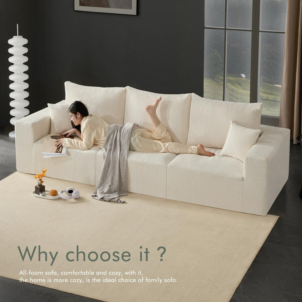 Gericco 113" Modular Sectional Couch, Cloud Boneless Sofa with Deep Seats, Upholstered Corduroy U-Shaped Sleeper Sofa with Chaise, 3-Seater Couches for Living Room, No Assembly Required, Beige