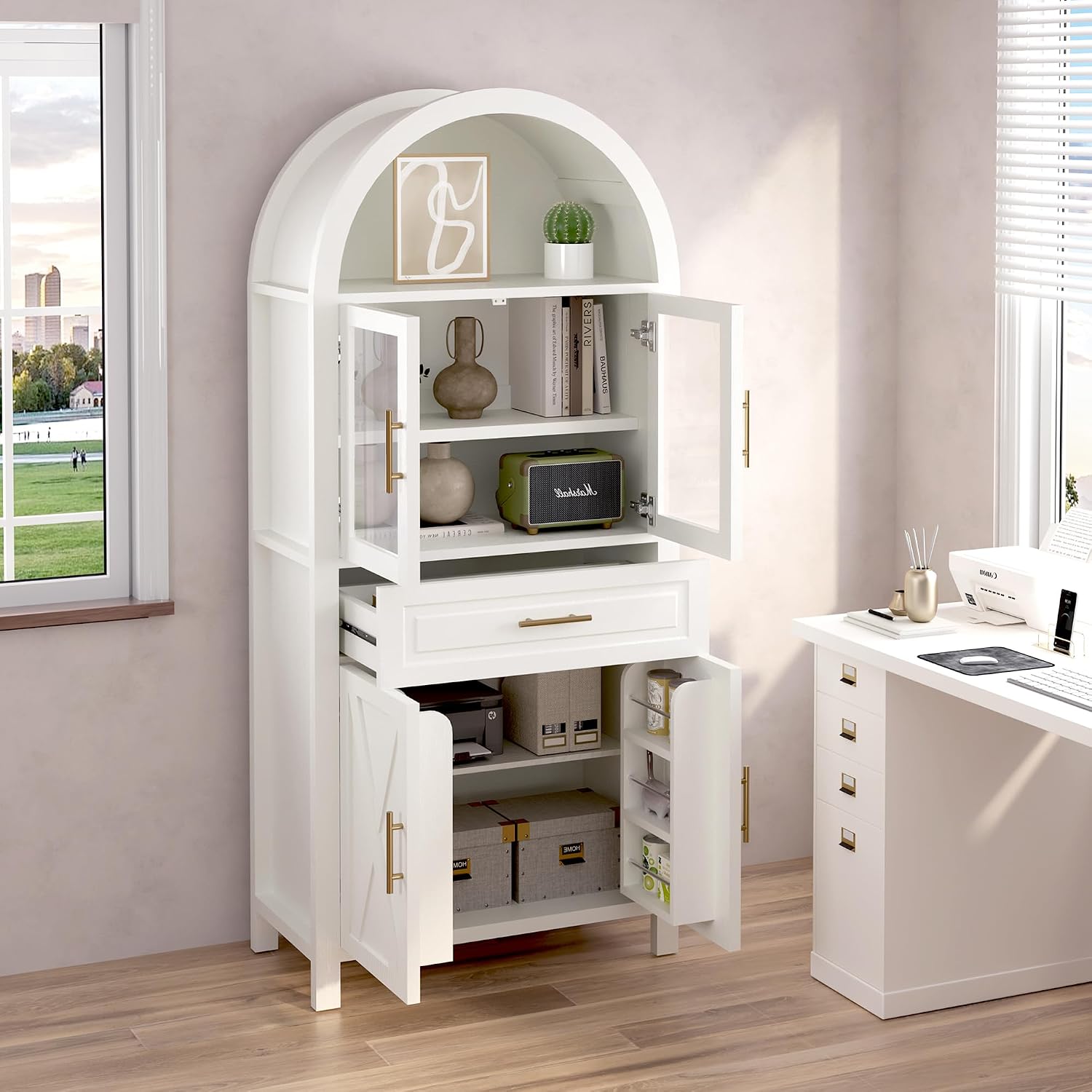 MERITLINE Farmhouse Style Arched Pantry Cabinet - 71" Tall Storage Cabinet with Glass Door, Adjustable Shelves & Barn Door Design for Kitchen, Dining or Living Room (White)