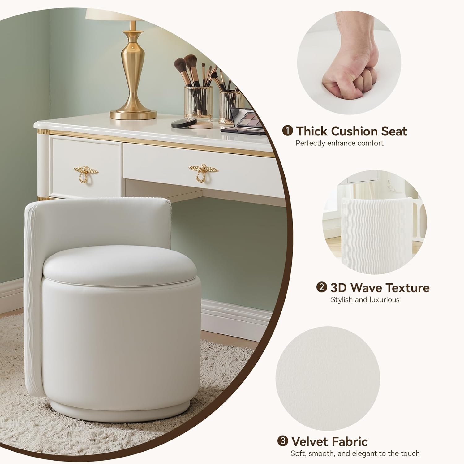 HUBSON Vanity Chair with Storage, Swivel Velvet Chairs with Back, Modern Round Accent Makeup Chair, No Assembly Vanity Stool for Living Room, Bedroom, Dressing, White