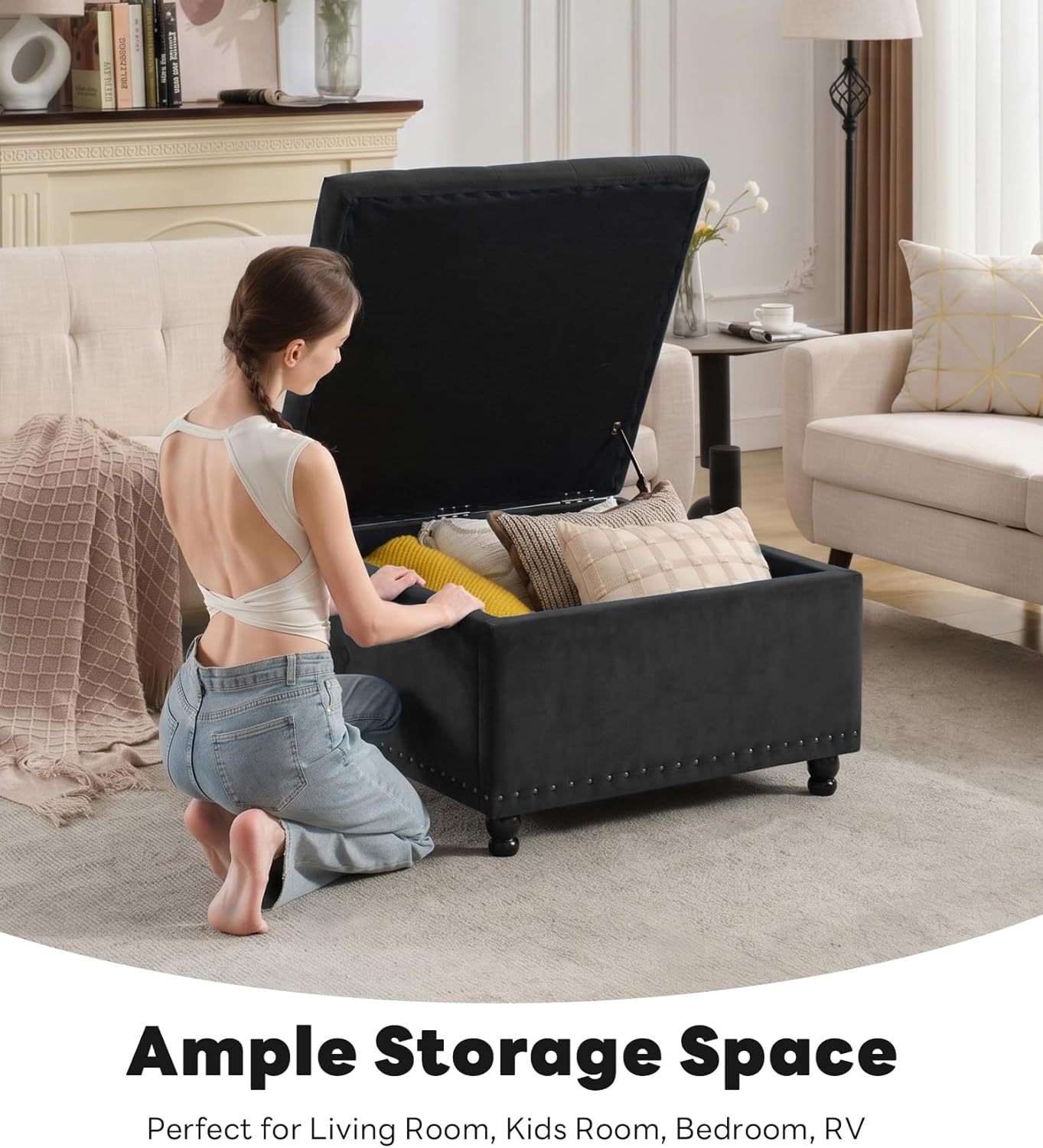 Tbfit Large Square Storage Ottoman Bench, Button Tufted Upholstered Coffee Table Ottoman with Wooden Legs, Oversized Storage Ottomans Toy Box Footrest for Living Room, Black Velvet