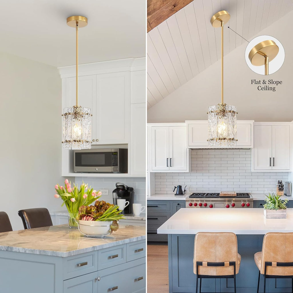 Gold Glass Pendant Lights Kitchen Island, Water Ripple Round Pendant Lights Adjustable Modern Hanging Pendant Light Fixtures for Kitchen Island Dining Room Above Sink Foyer Entryway 1 Pack