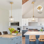 Gold Glass Pendant Lights Kitchen Island, Water Ripple Round Pendant Lights Adjustable Modern Hanging Pendant Light Fixtures for Kitchen Island Dining Room Above Sink Foyer Entryway 1 Pack