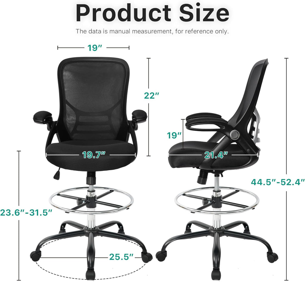 HYLONE Drafting Chair Tall Office Chair High-Back Mesh Standing Desk Stool with Adjustable Footrest Ring and Flip-Up Arms Black