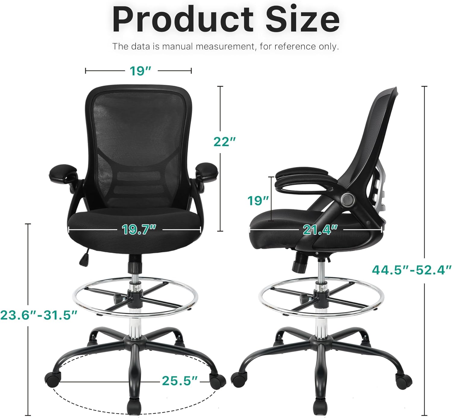 HYLONE Drafting Chair Tall Office Chair High-Back Mesh Standing Desk Stool with Adjustable Footrest Ring and Flip-Up Arms Black