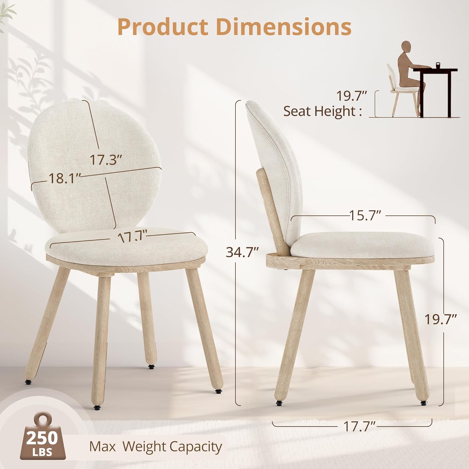 LUE BONA Dining Chairs Set of 4, Upholstered Fabric Kitchen Chairs with Dual-Spine Backrest, Kitchen Chair with Solid Wood Legs and Ergonomic Curved Seat, Easy Assembly for Kitchen Dining Room, Linen
