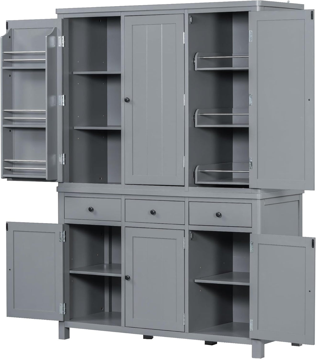 Harper & Bright Designs Kitchen Pantry Storage Cabinet with Door Shelves, Adjustable Shelves, Pull-Out Trays and Drawers, Freestanding Cupboard for Kitchen, Dining Room, Living Room,Grey