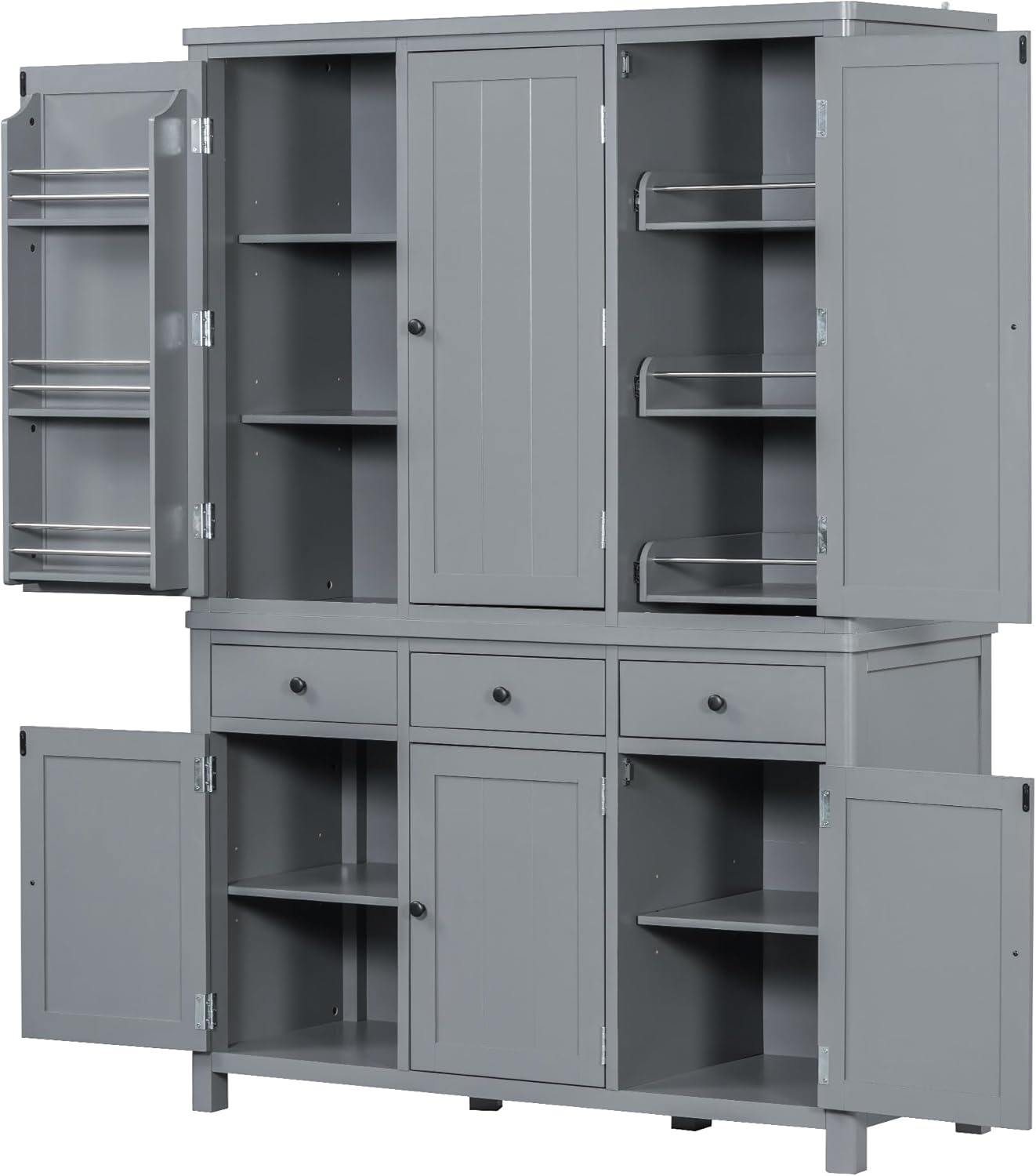 Merax 74.8'' Tall Kitchen Pantry Storage Cabinet with 6 Doors, 3 Drawers and Adjustable Shelves, Freestanding Large Cupboard & Pull-Out Trays for Kitchen, Dining Room, Living Room, Gray