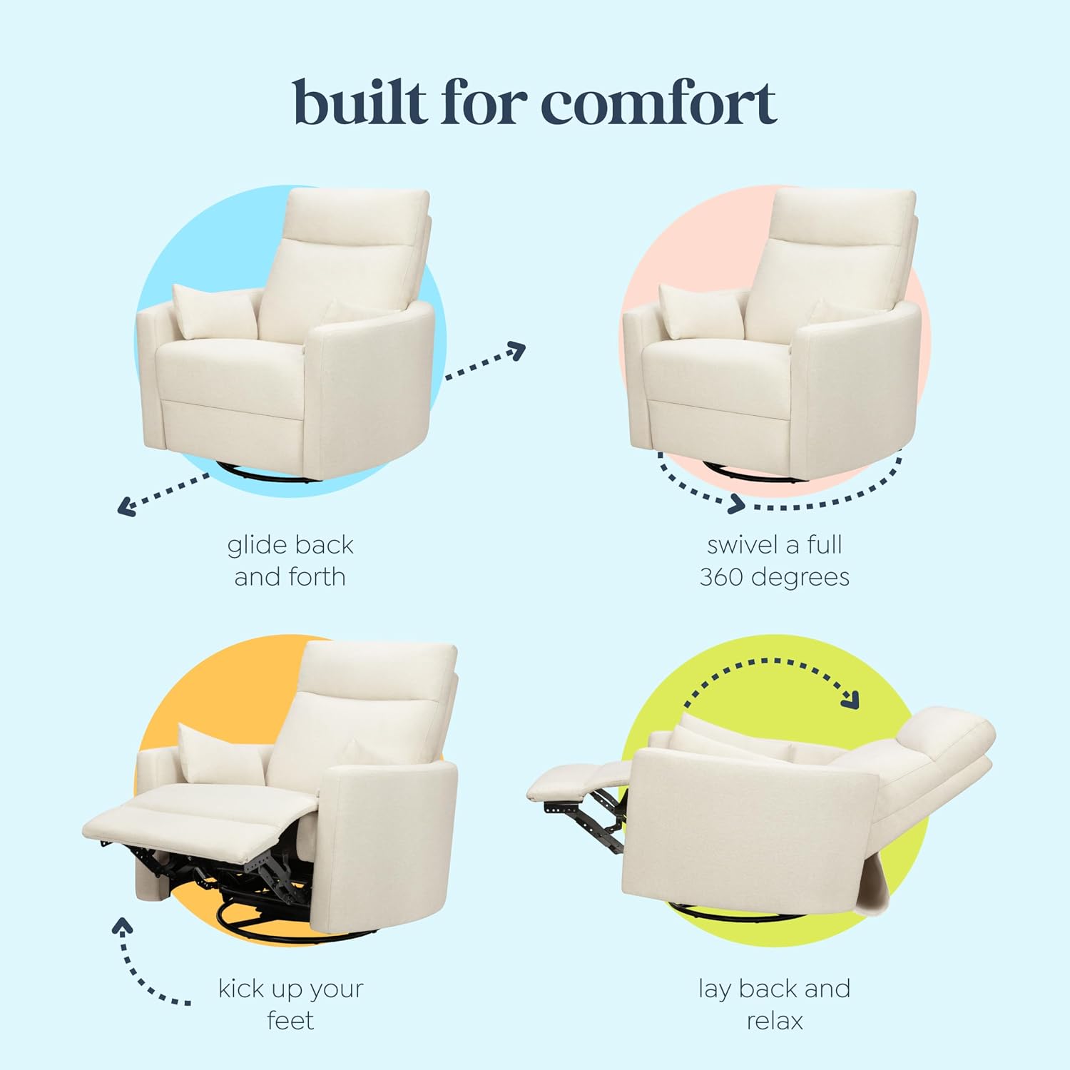 Davinci Atlas Upholstered Recliner and Swivel Glider in Vanilla | Nursery Glider Chair with High Back, Padded Armrests, and Bolster Pillows | Smooth Recline for Nursing and Feeding