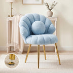 VINGLI Shell-Shaped Teddy Fleece Accent Vanity Chair with Back,Comfy Blue and Gold Desk Chair No Wheels,Cute Small Pearl Deco Pillow,Gift for Girls/Women,for Makeup,Office,Dining,Nail,Sewing,Bedroom