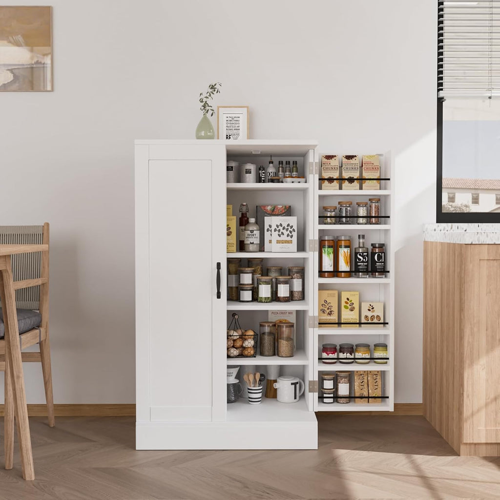 VINGLI Pantry Cabinet, White Kitchen Storage Cabinet with 2 Doors and Adjustable Shelves, 40.5" H Food Storage Freestanding Cupboard for Small Space in Dining Room, Living Room