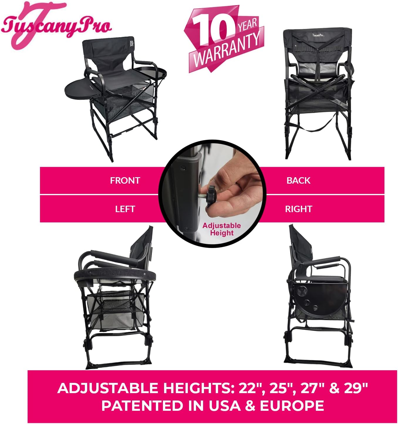 Adjustable Height Chair with Carry Bag - Portable Makeup Artist & Hairstylist Chair - Perfect for Makeup, Salons, Movie Sets - Italian Design