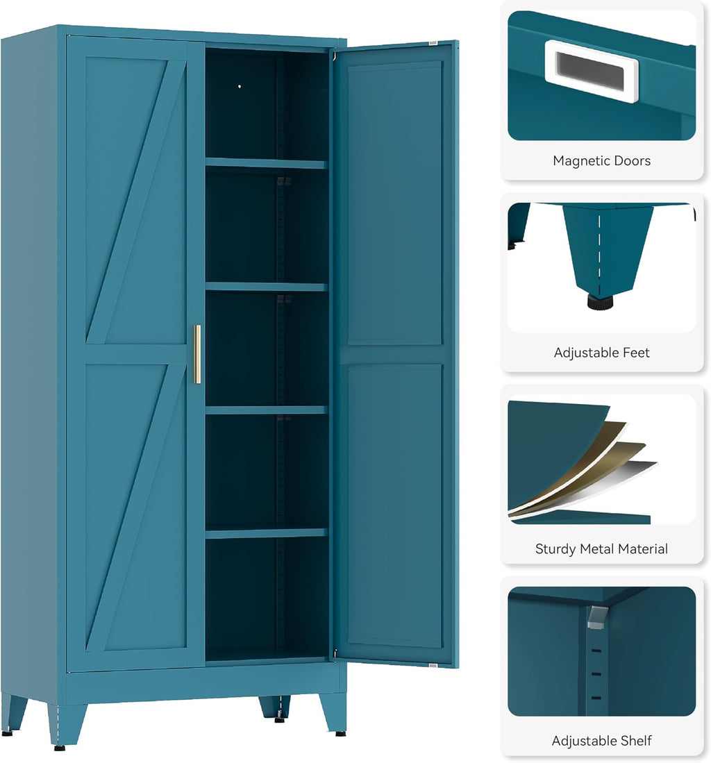 71”H Metal Kitchen Pantry Cabinet, Pantry Cabinets with 2 Doors and 4 Shelves, Kitchen Cabinet for Kitchen, Dining Room, Living Room and Bathroom, Blue