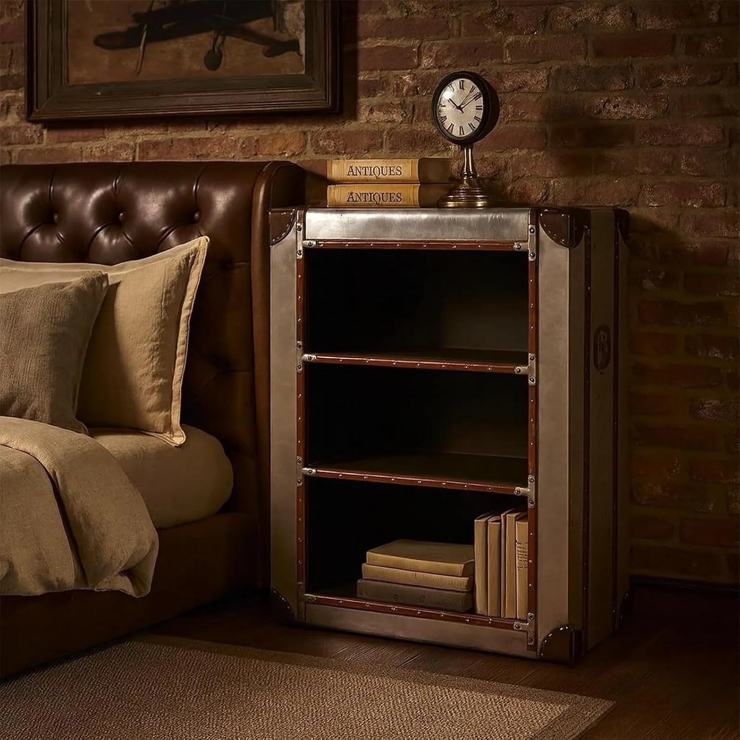 Aviator Side Table & Compact Bookcase with Aluminum Finish and Riveted Detailing Industrial Living Room Furniture
