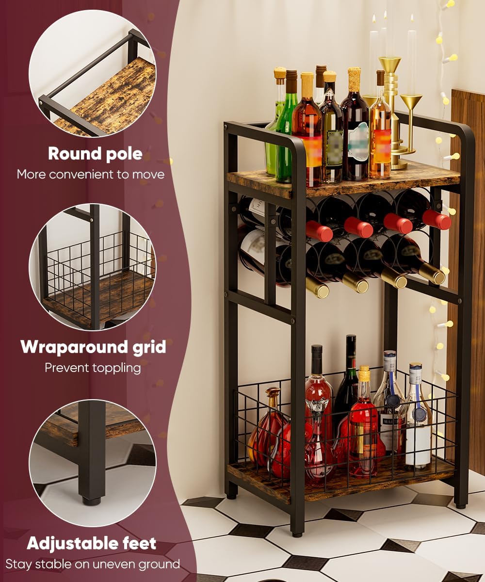 3-Tier Wine Rack Freestanding Floor with Wood Top, Liquor Stand with Wine Bottle Holder, Corner Wine Bar Table for Small Space, Metal Whiskey Shlef for Kitchen, Cellar, Living Room, Black