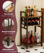 3-Tier Wine Rack Freestanding Floor with Wood Top, Liquor Stand with Wine Bottle Holder, Corner Wine Bar Table for Small Space, Metal Whiskey Shlef for Kitchen, Cellar, Living Room, Black
