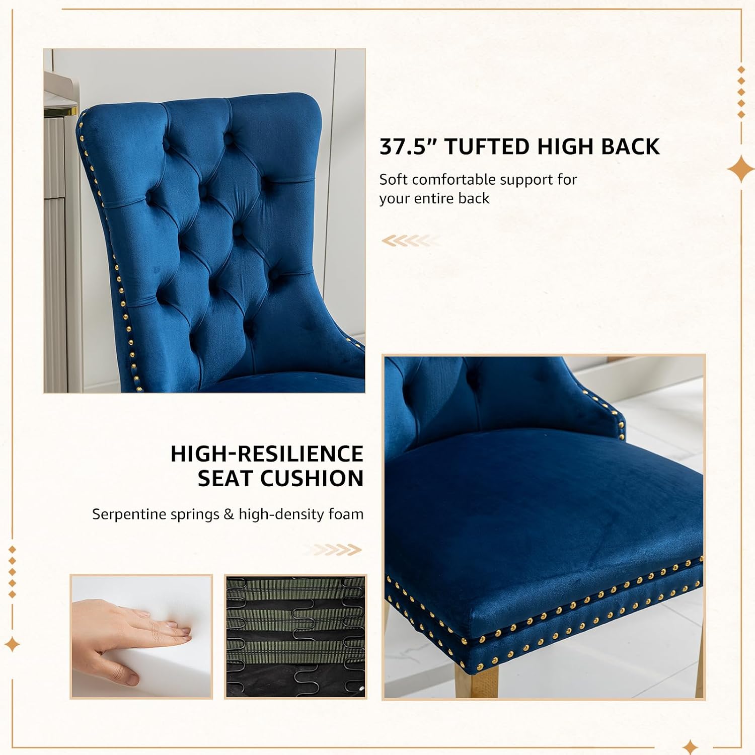 Velvet Dining Chairs Set of 6, Tufted Upholstered High Wingback Chairs with Nailhead Trim & Pull Ring, Golden Stainless Steel Legs for Dining Room, Sillas de Comedor, Blue
