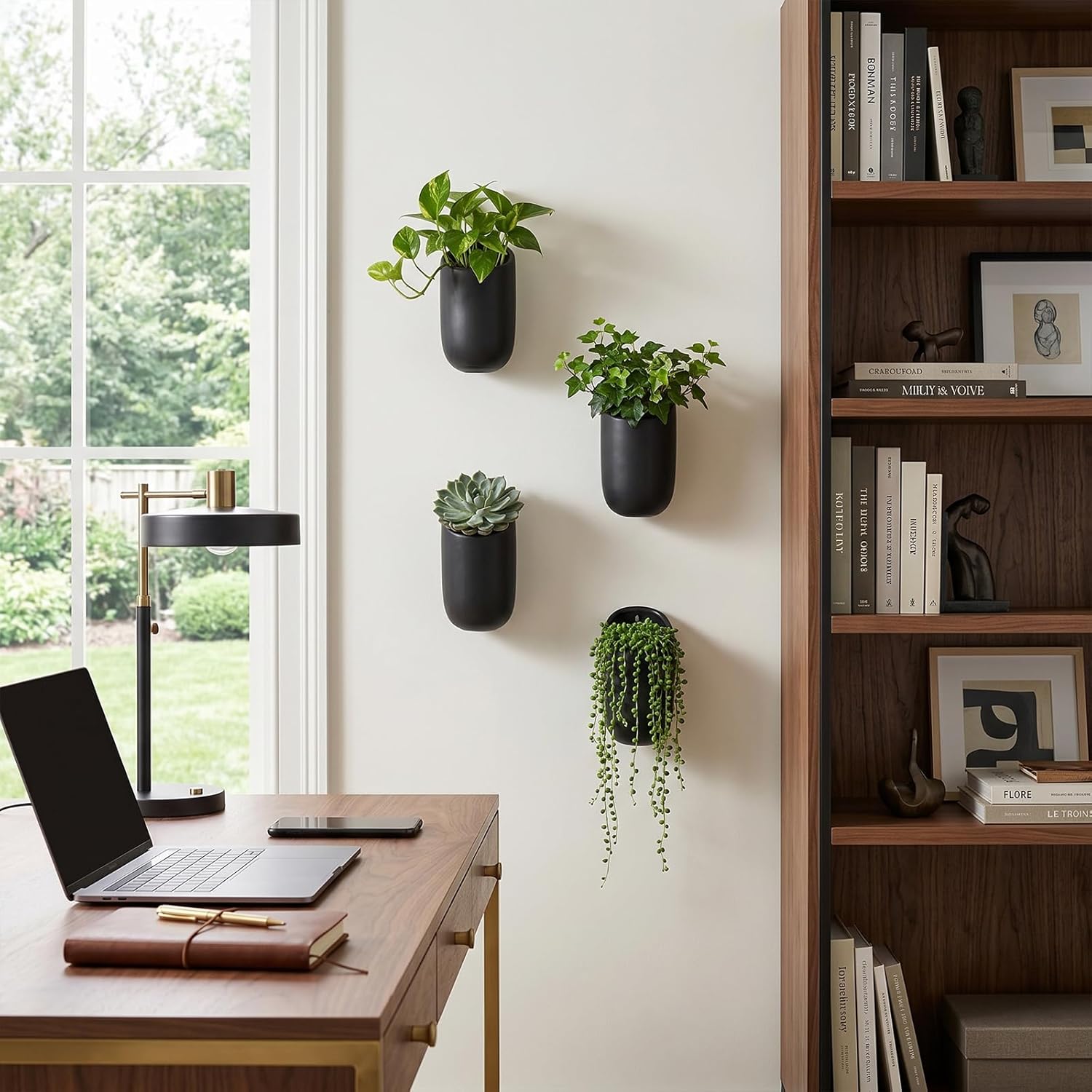 MyGift Set of 4 Mini Matte Black Ceramic Indoor Wall Planter, 6 Inch Cylindrical Wall Mounted Hanging Planter Pot for Succulents, Herbs, String of Pearls