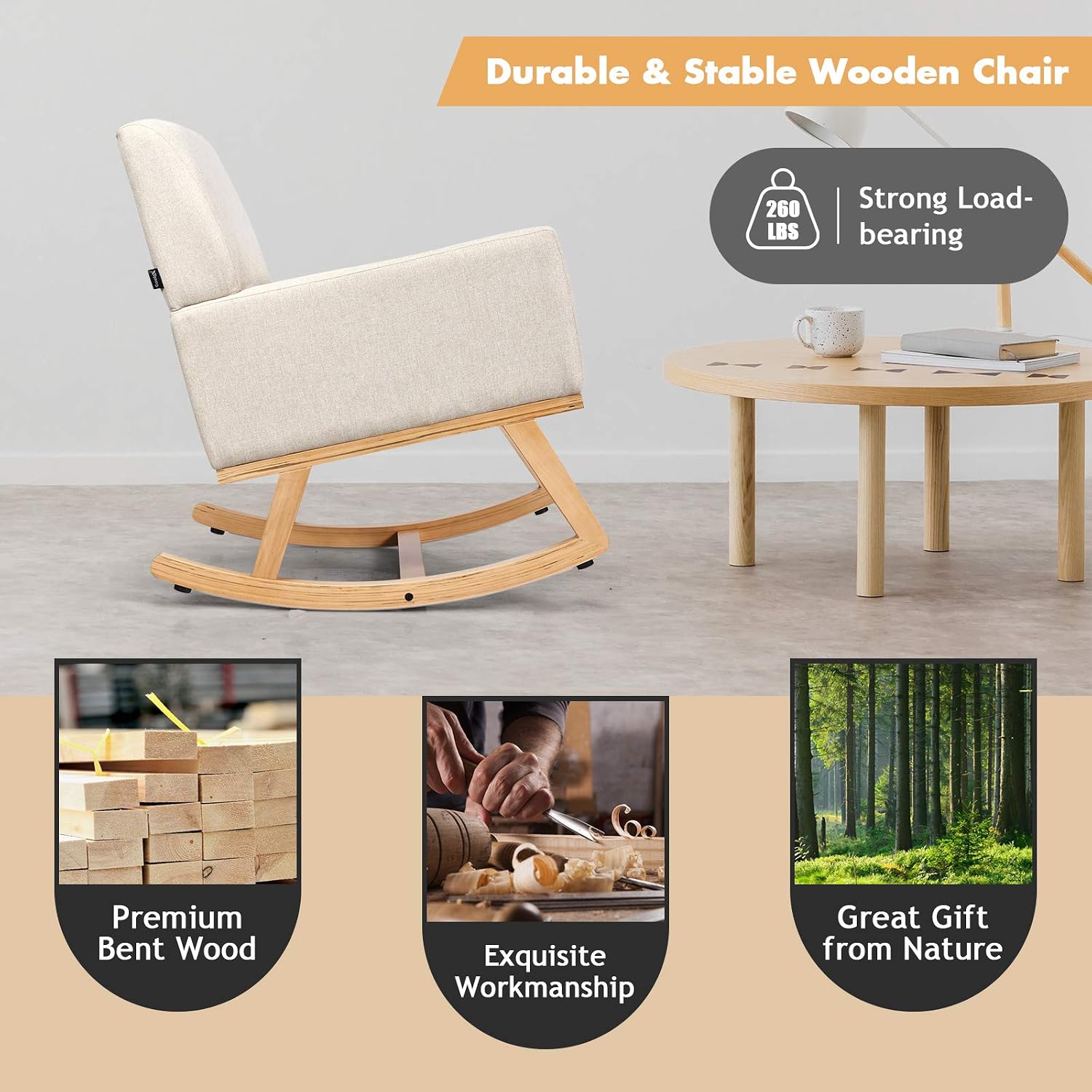 POWERSTONE Upholstered Rocking Glider Nursery Mid Century Accent Lounge Arm Chairs for Small Spaces Bedroom Living Room (Beige)