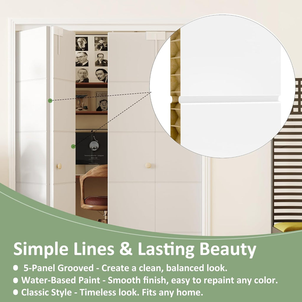 Bifold Doors for 48" x 80" Opening, Preassembled 5 Panel Grooved Hollow Core Folding Door with Hardware Kit & Bifold Door Lock, White Primed Interior Doors for Closet, Pantry & Laundry