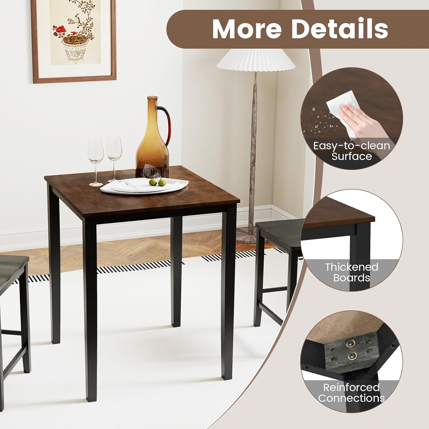 GOFLAME Square Bar Table, Counter Height Pub Table with Rubber Wood Legs, 30 x 30 x 36 Inch Cocktail Table, Dining Table for Kitchen, Bistro, Restaurant, Small Space, Black & Brown