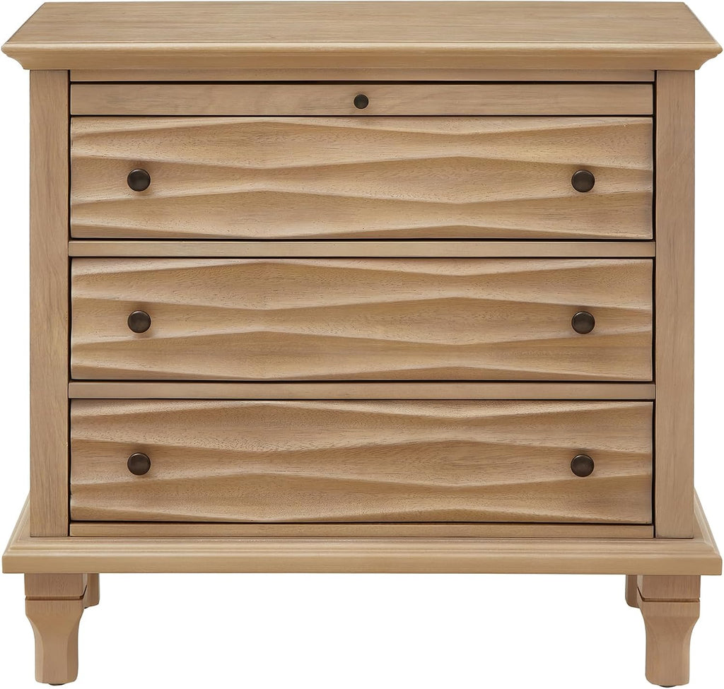 Traditional Wave Textured Nightstand, 3 Drawers Farmhouse Bedside Table with Solid Wood Legs, Rustic Storage End Table for Bedroom Living Room, Natural