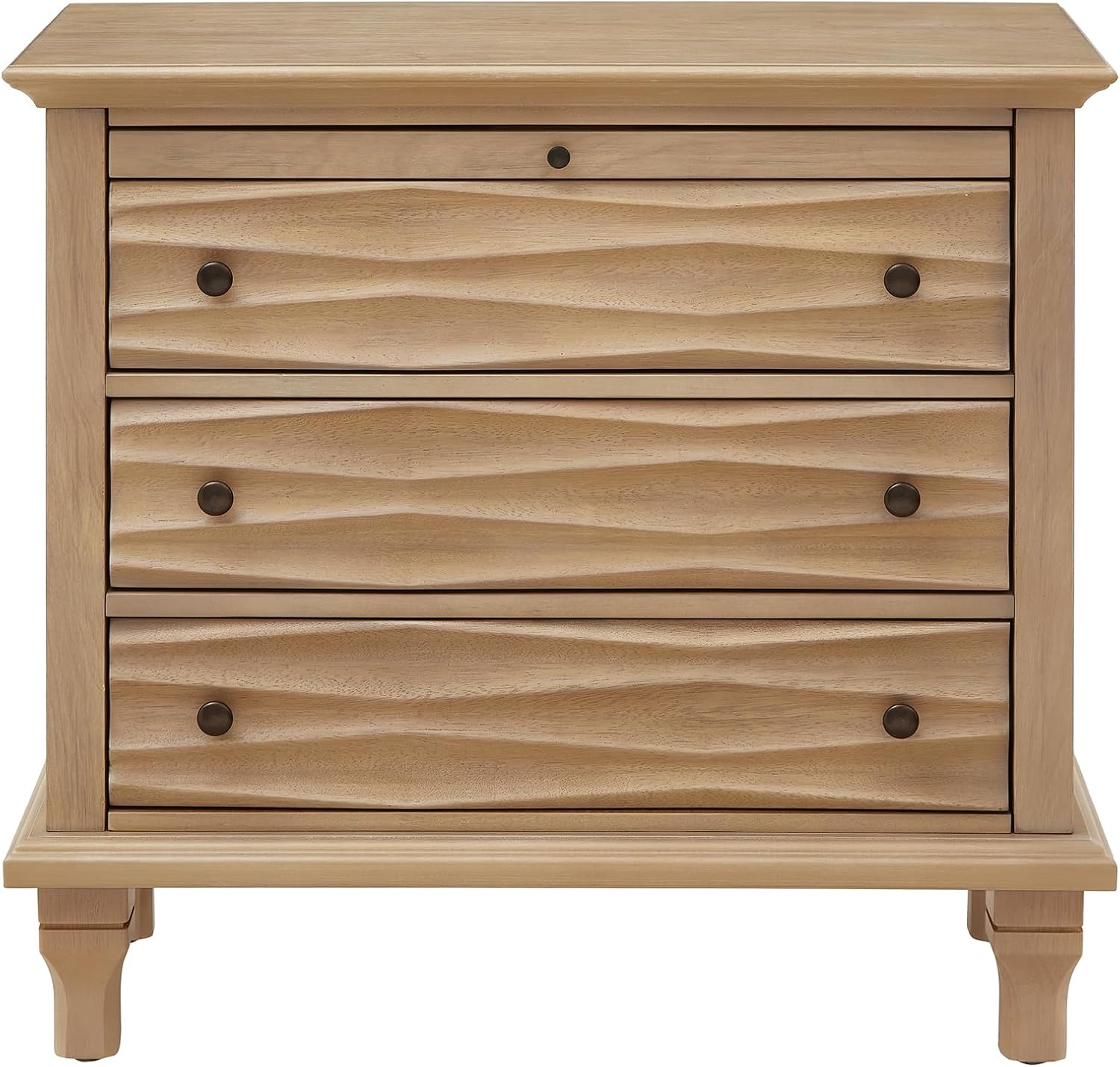 Traditional Wave Textured Nightstand, 3 Drawers Farmhouse Bedside Table with Solid Wood Legs, Rustic Storage End Table for Bedroom Living Room, Natural