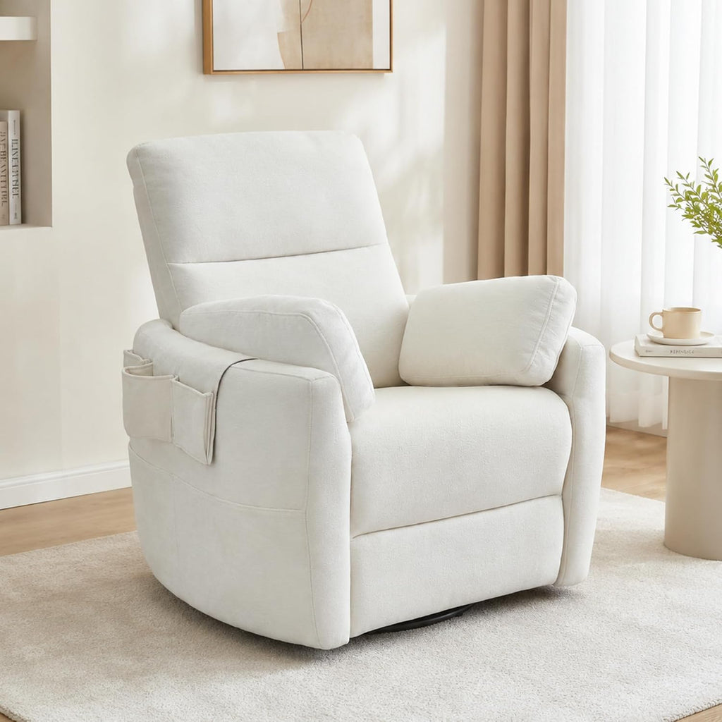 Oversized Power 270°Swivel Rocking Recliner Chair Nursery, White | Wraparound Arms, Four Storage Side Pockets, Detachable Organizer, 2 Pillows, USB & Type-C, One-Touch Controls, 30°Rocking