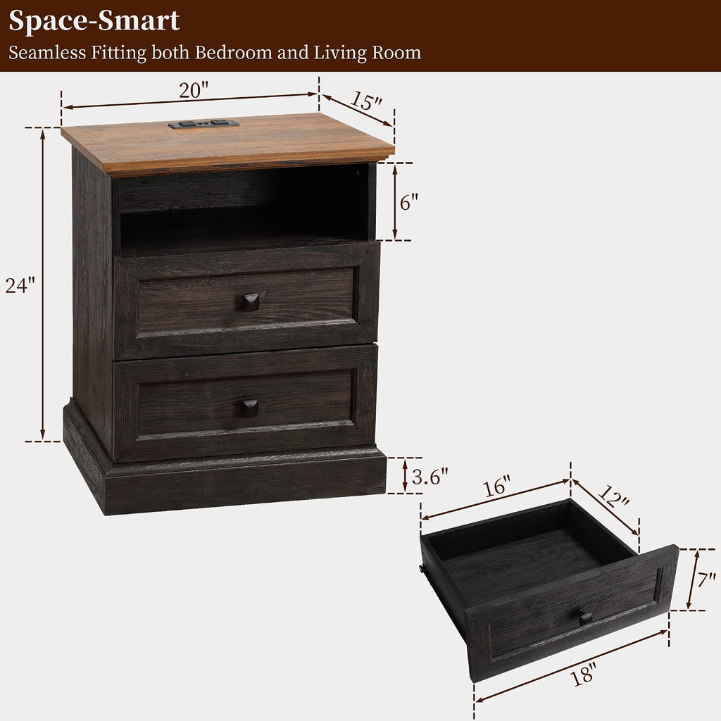 Night Stand with Charging Station, Bedside Table with 2 Drawers Storage and Open Shelf, Espresso Nightstand Set of 4 with Outlets, Wood Modern End Table for Bedroom Office