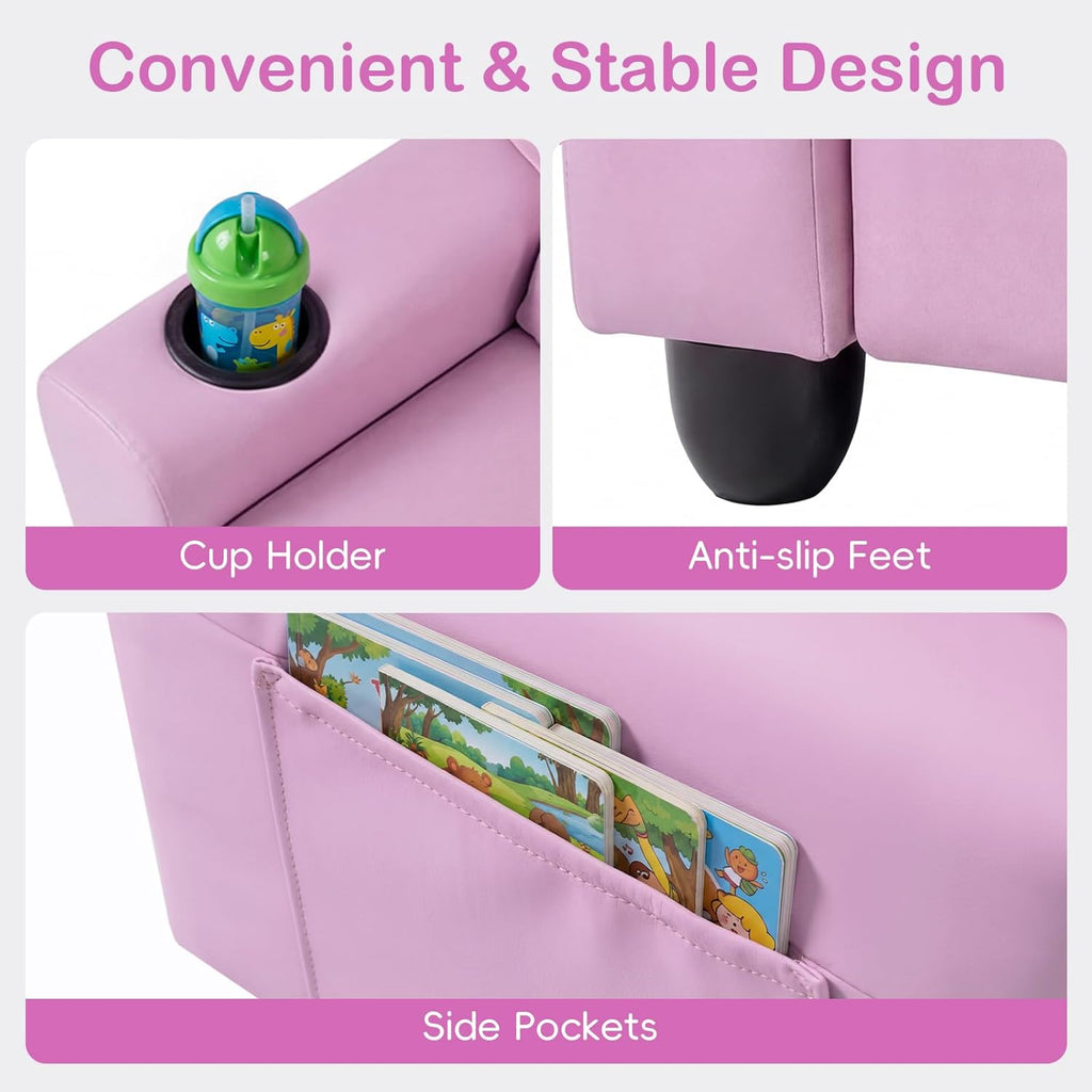 Olakids Kids Recliner, Double Toddler Lounge Chair with 105° to 150° Adjustable Backrest Cup Holder Footrest Side Pockets, PU Leather Children Couch (Pink)