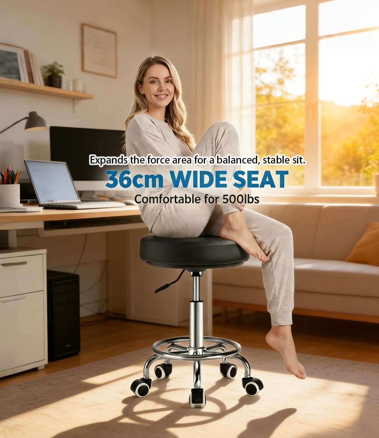 Adjustable Rolling Stool with Wheels 500lb Heavy Duty Round Rolling Stool with Footrest, Thick 7.6cm Cushion Patent Leather Drafting Stool Chair with Wheels Work Spa Salon Seat（Black）