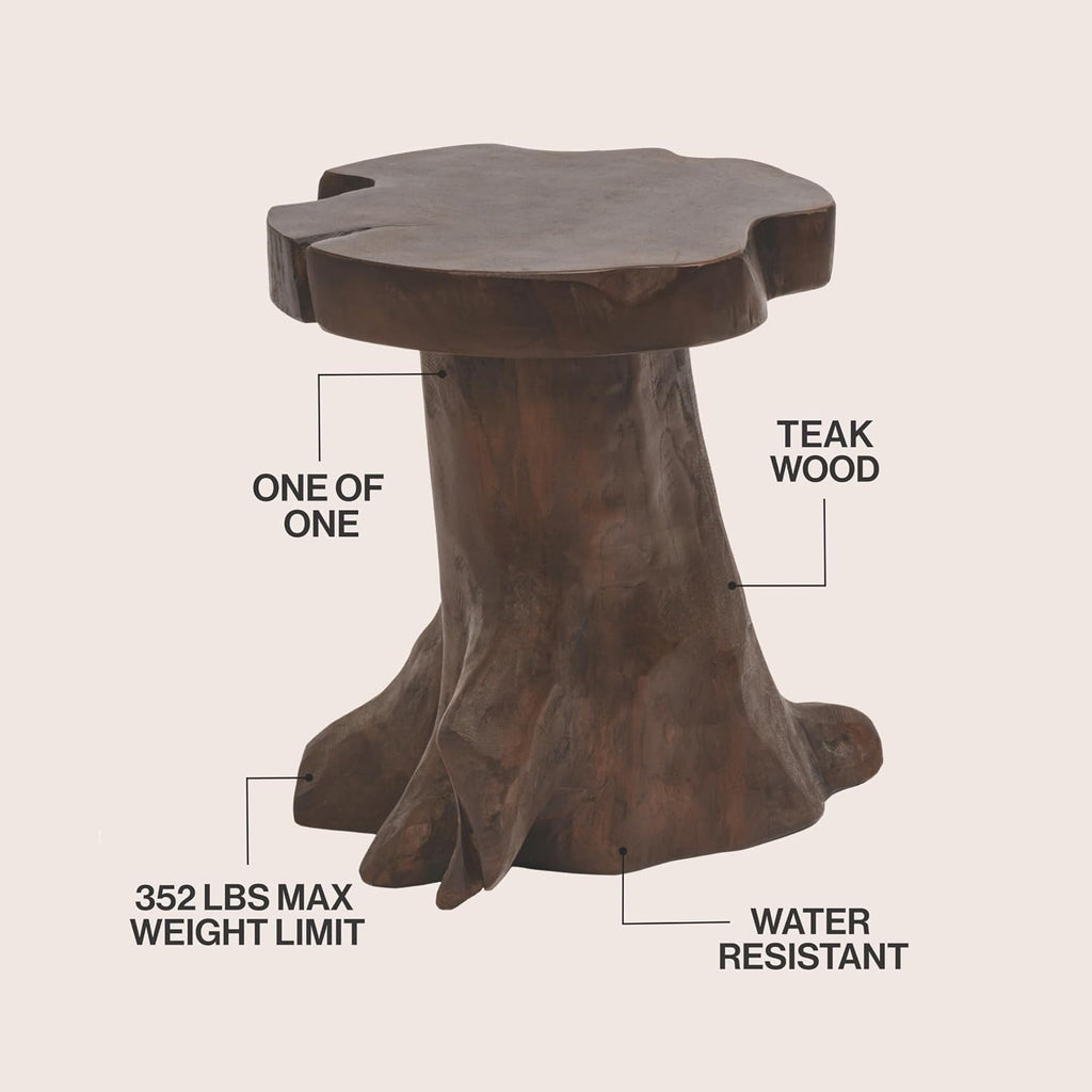 JONATHAN Y Amara Handcrafted Solid Teak Wood Live Edge Tree Stump Stool, 16" Rustic Accent Side Table and Decorative Indoor Plant Stand, Dark Brown STL3000B
