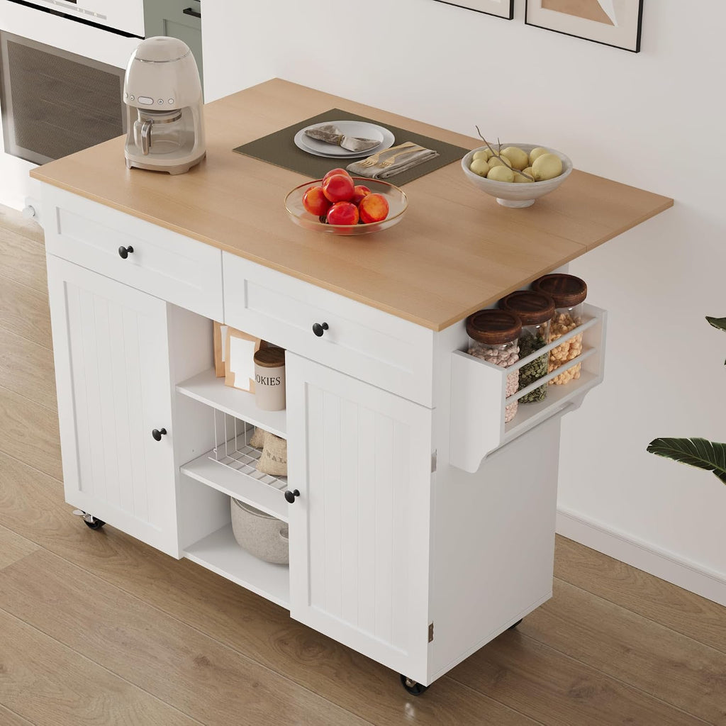 Furnify Kitchen Island with Wheels & Drawers, Kitchen Island Cart, White | Rolling Kitchen Island with Drop Leaf, Mobile Kitchen Storage Cabinet with Towel Rack & Spice Rack for Dining Room, Kitchen