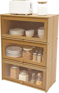 Kitchen Pantry Sideboard Small Bamboo Cabinet with 3 Clear Acrylic Doors Freestanding Countertop Storage for Dishes Bottles Spices