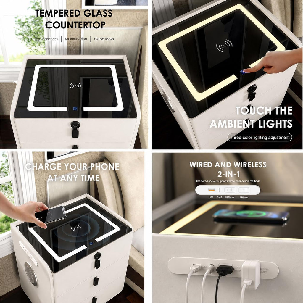 Smart Nightstand with Wireless Charging, with Fingerprint Lock Drawer, Night Stand with Charging Station,2 USB, LED Lights Bluetooth Speaker Side Table for Bedroom/Living Room (White)
