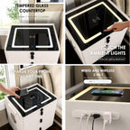 Smart Nightstand with Wireless Charging, with Fingerprint Lock Drawer, Night Stand with Charging Station,2 USB, LED Lights Bluetooth Speaker Side Table for Bedroom/Living Room (White)