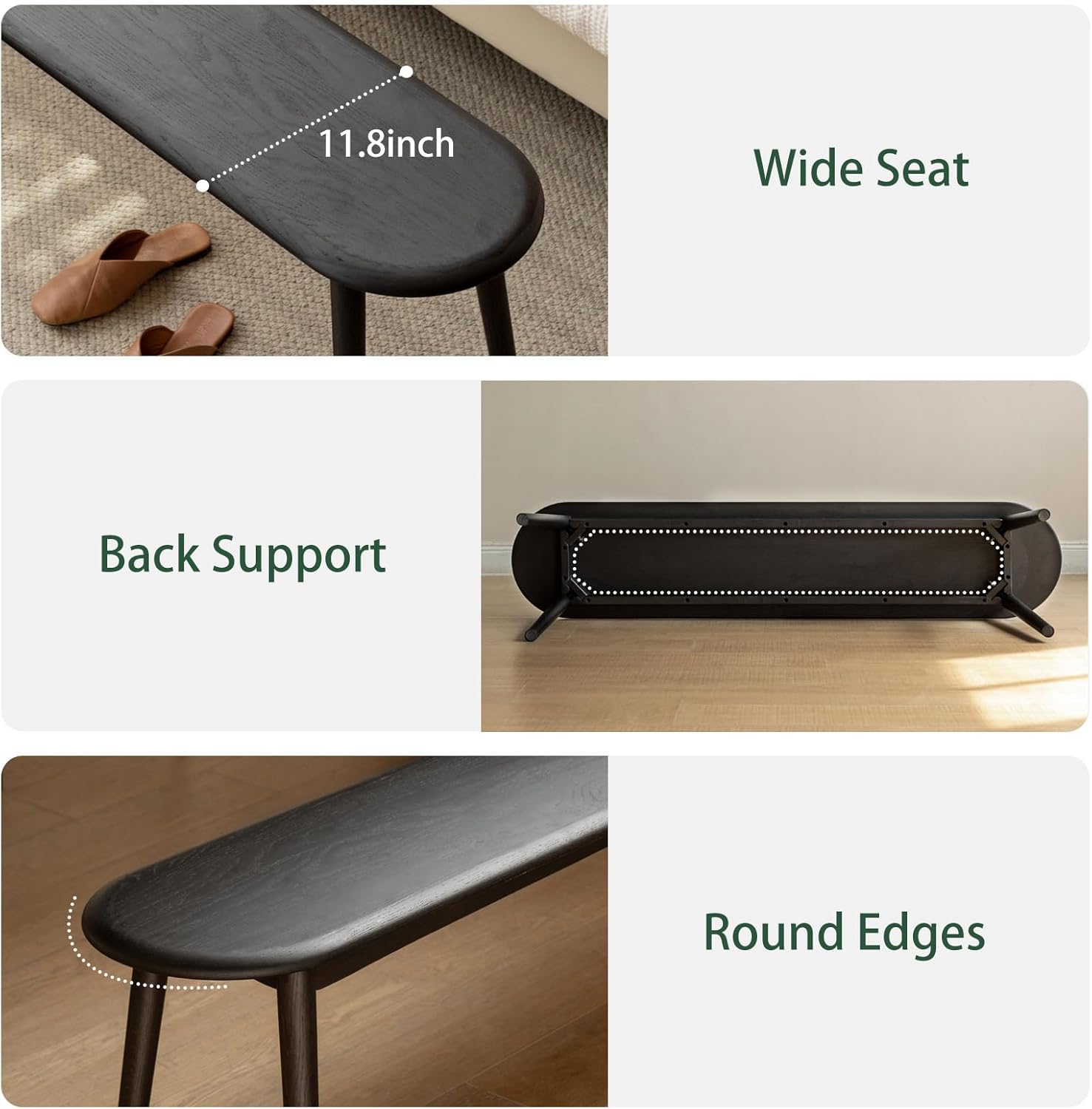 100% Solid Oak Dining Bench, Wood Bench for End of Bed with Rounded Corners, Entryway Benches for Entrance, Hallway, Kitchen, Living Room(Oak Black,12" L x 47.2" W x 16.2" H)
