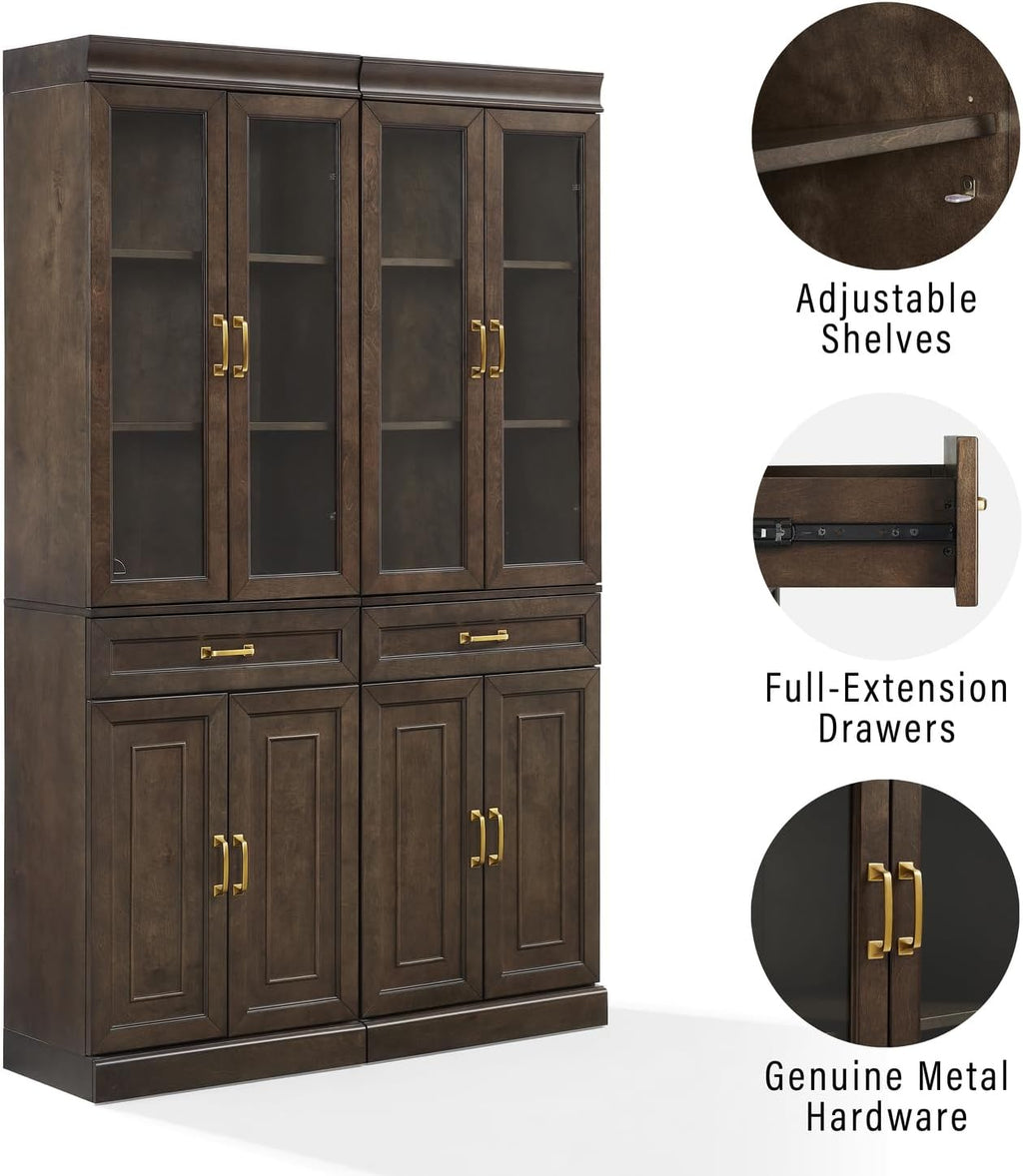 HomeStock Modern Minimalism Stanton 2Pc Glass Door Kitchen Storage Pantry Cabinet Set - 14.5" D x 47.5" W x 78" H, Floor Mountable, Shelves Included, 2 Doors 2 Drawers