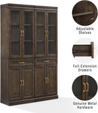 HomeStock Modern Minimalism Stanton 2Pc Glass Door Kitchen Storage Pantry Cabinet Set - 14.5" D x 47.5" W x 78" H, Floor Mountable, Shelves Included, 2 Doors 2 Drawers