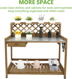 PetsCosset Garden Potting Benches & Tables,Outdoor Wooden Work Station W/Metal Table Top,Drawer,Large Bottom Shelf,Open Shelf Natural Wood-Natural Stained