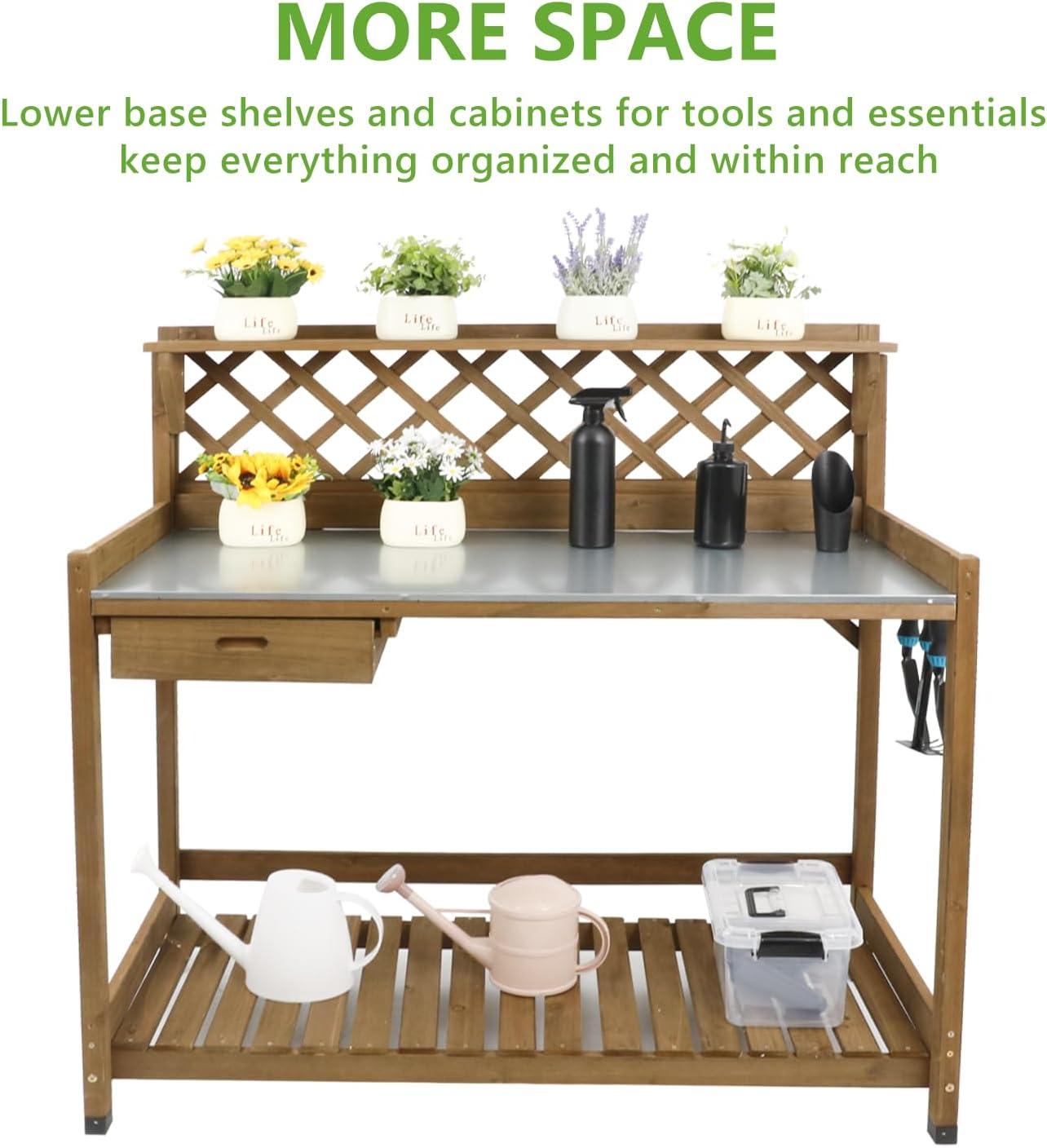 PetsCosset Garden Potting Benches & Tables,Outdoor Wooden Work Station W/Metal Table Top,Drawer,Large Bottom Shelf,Open Shelf Natural Wood-Natural Stained